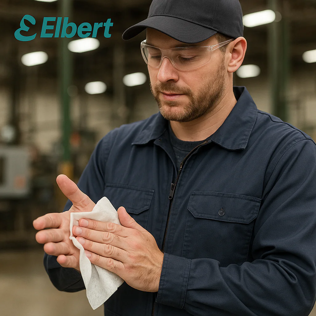 Worker Cleaning Hands in Industrial Setting